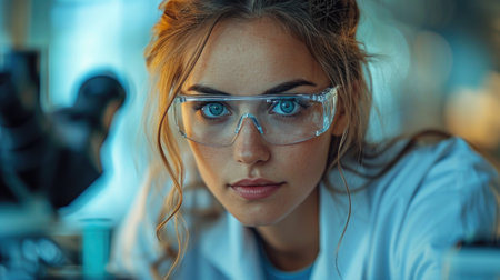 Young examining samples in a lab, symbolizing medical research and discovery.の素材