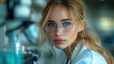 Young examining samples in a lab, symbolizing medical research and discovery.の素材