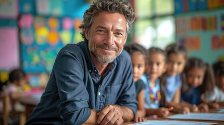 Kindergarten teacher assisting with an art project, embodying creativity in early education.の素材