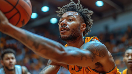 Intense basketball player shooting a basket, capturing the excitement of an indoor basketball game.の素材