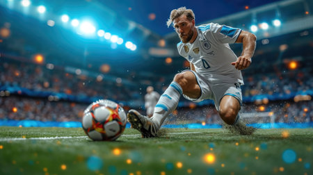 Dynamic soccer player mid-kick, showcasing athleticism and competitive spirit in a packed stadium.の素材