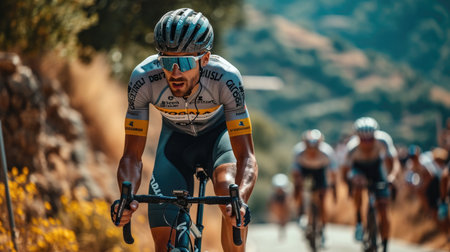 Competitive male cyclist in a race, capturing the endurance and excitement of cycling.の素材