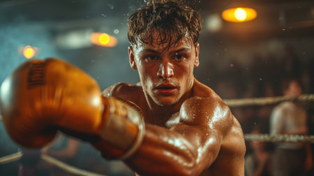 Focused male boxer in a ring, depicting strength and intensity in boxing.の素材