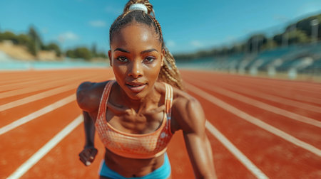 Determined female sprinter racing on a track, embodying speed and competitive track athletics.の素材