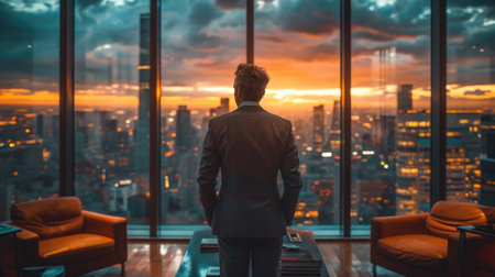 Successful entrepreneur in a penthouse office, showcasing power and modern luxury.の素材