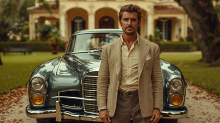 Young male heir with a luxury car at an opulent estate, reflecting wealth and young affect.の素材