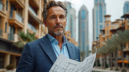 Influential real estate mogul with a skyline backdrop, denoting success in property development.の素材