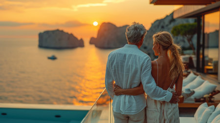 Retired wealthy couple at a luxury villa, capturing the essence of prosperous retirement.の素材
