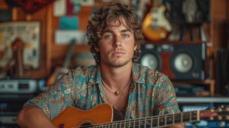 Talented young musician in a recording studio, showcasing artistic success.の素材