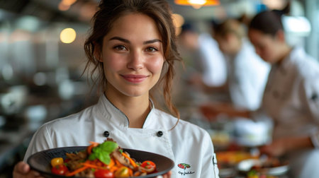 Accomplished chef in a gourmet kitchen, embodying culinary excellence.の素材