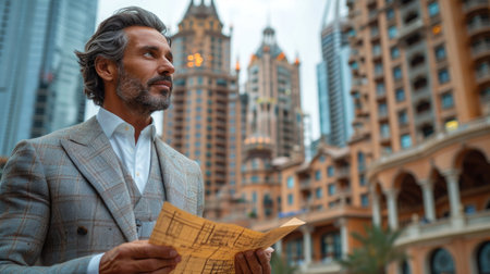 Influential real estate mogul with a skyline backdrop, denoting success in property development.の素材