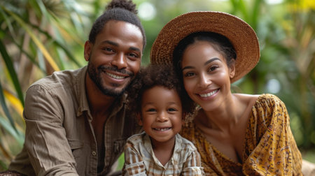 Young family enjoying time together in a park, representing family bonds and leisure.の素材