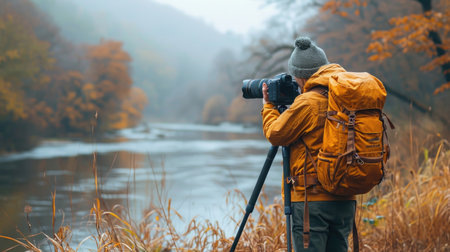 Professional photographer capturing a landscape, blending art with nature and adventure.の素材