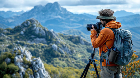 Professional photographer capturing a landscape, blending art with nature and adventure.の素材