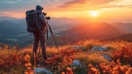 Professional photographer capturing a landscape, blending art with nature and adventure.の素材