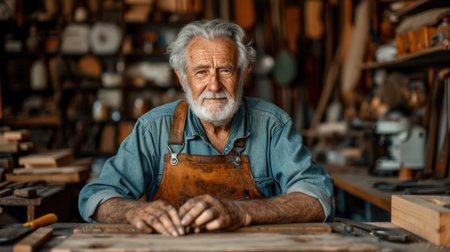 Senior man crafting in a workshop, symbolizing skilled hobby and active retirement.の素材