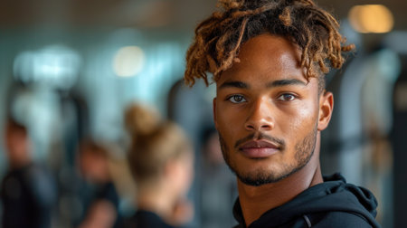 Personal trainer coaching in a gym, representing health and fitness expertise.の素材