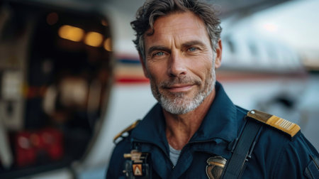 Confident male pilot in front of an airplane, epitomizing professionalism in aviation.の素材