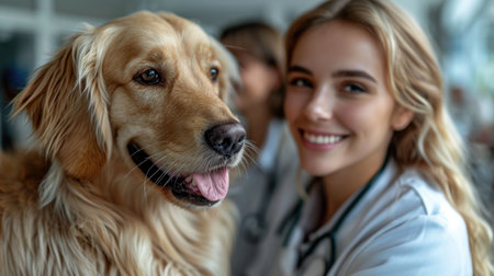 Compassionate veterinarian examining a pet, representing care in animal health.の素材