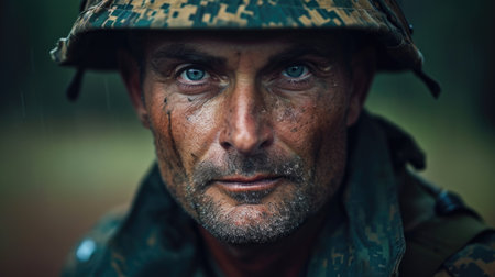 Commanding military drill instructor on a training field, representing discipline and leadership in training.の素材
