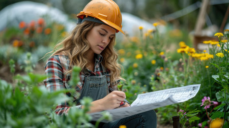 Landscape architect reviewing plans, illustrating creativity in environmental design.の素材