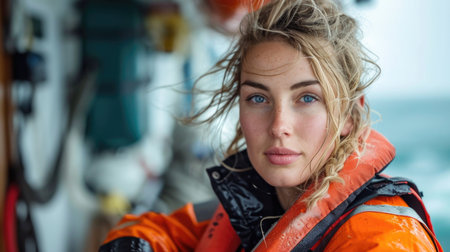 Vigilant coast guard officer on duty, symbolizing maritime safety and security.の素材