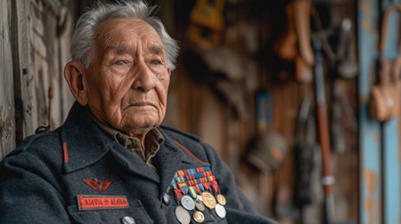 Reflective veteran with military memorabilia, embodying the enduring legacy of military service.の素材