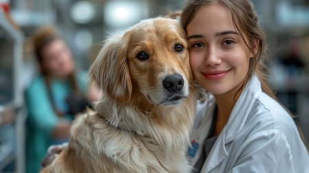Compassionate veterinarian examining a pet, representing care in animal health.の素材
