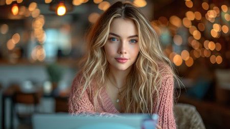 Trendy social media influencer creating content in a cafの素材