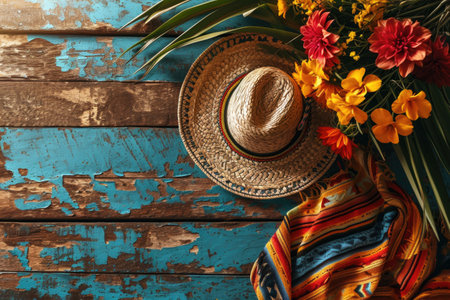 Mexican sombrero hat on wooden background, Chico de Mayoの素材