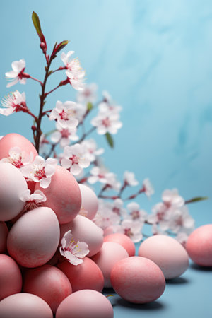 Easter background with Easter eggs and spring flowers.の素材