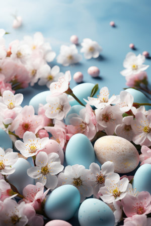 Colorful Easter eggs with spring blossom flower, Holiday border.の素材