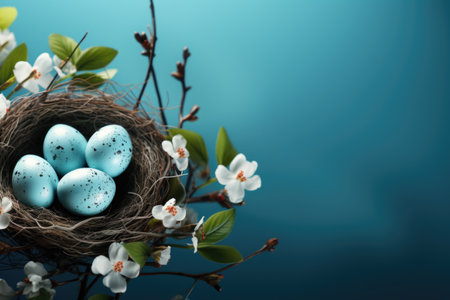 Mockup copy space and painted colored Easter eggs in a nestの素材
