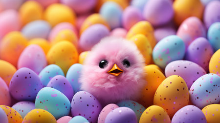 Holiday with chicken and colorful Easter eggs.の素材