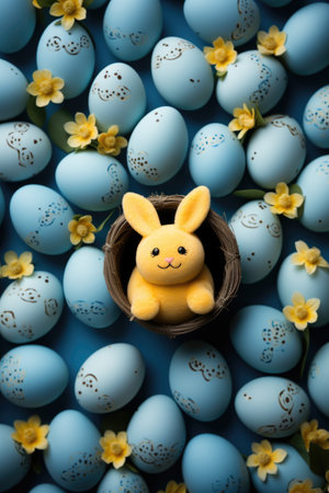 Fluffy Easter bunny and painted Easter eggsの素材