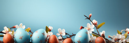 Beautiful Easter eggs with green leaves on color background.の素材