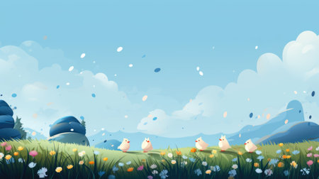 Natural landscape with white cute birds in cartoon styleの素材