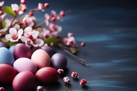 Easter dark background with Easter eggs and spring flowers.の素材
