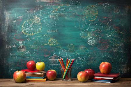School education with apples and wooden table top, books and some school suppliesの素材