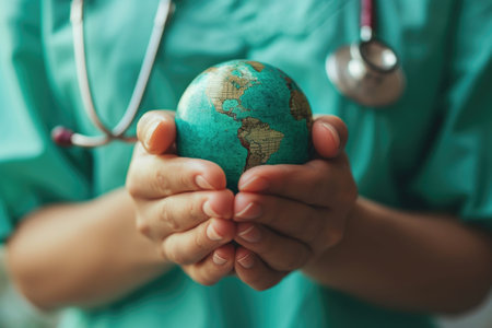female doctor holding planet earth in her handsの素材