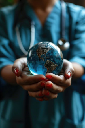 female doctor holding planet earth in her handsの素材