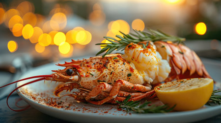 Exquisite Lobster Dinner Unwind: Gourmet Lobster with Butter Sauce on Fine Dining Table, Elegant Presentation, Dim Sophisticated Lightingの素材