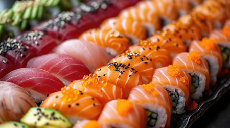 Fresh Sushi Platter Unwind: Exquisite Sushi and Sashimi Arrangement with Japanese-Style Minimalist Backdropの素材