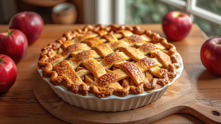 Homemade Apple Pie Unwind: Freshly Baked Golden Apple Pie with Lattice Crust, Classic Kitchen Counter, Sunny Orchard Viewの素材