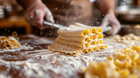 Homemade Pasta Making Unwind: Artisan Pasta Dough Rolling and Cutting in Rustic Italian Kitchen, Homely Warmth, Traditional Processの素材