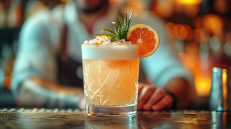 Craft Cocktail Creation Unwind: Trendy Bar with Ambient Lighting, Sophisticated Vibe, Focus on Cocktail Pour and Garnishの素材