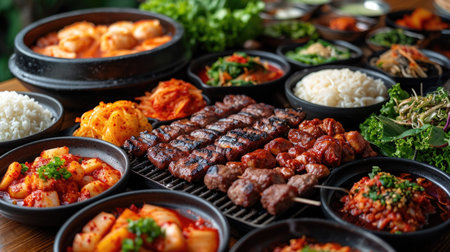 Korean BBQ Table Unwind: Lively Authentic Korean Restaurant with Various Meats Grilling, Side Dishes, Sauces on BBQ Tableの素材