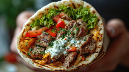 Traditional Greek Gyro Unwind: Authentic Greek Gyro with Grilled Meat, Tzatziki, Fresh Vegetables, Pita in Lively Greek Street Marketの素材