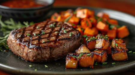 Juicy Grilled Steak Unwind: Upscale Steakhouse Scene with Perfectly Grilled Steak, Roasted Vegetables on Stylish Plateの素材