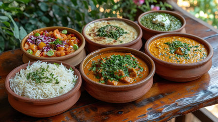 Indian Curry Feast Unwind: Vibrant Cultural Setting with Indian Dishes Like Butter Chicken, Naan, Rice in Traditional Clay Dishesの素材